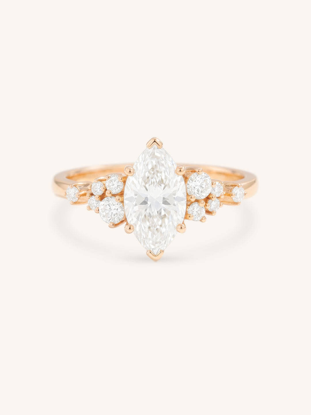 Rose Gold Elestren Marquise Cut Cluster Diamond Engagement Ring front view on white background