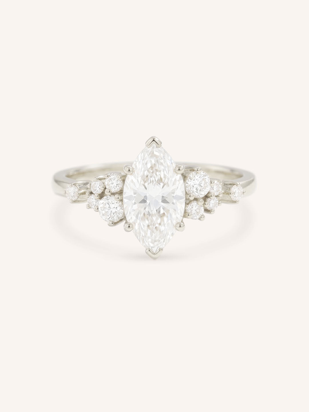 White Gold Elestren Marquise Cut Cluster Diamond Engagement Ring front view on white background