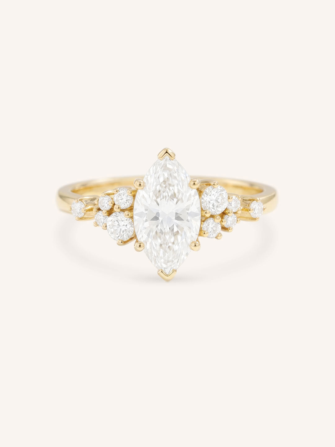 Yellow Gold Elestren Marquise Cut Cluster Diamond Engagement Ring front view on white background