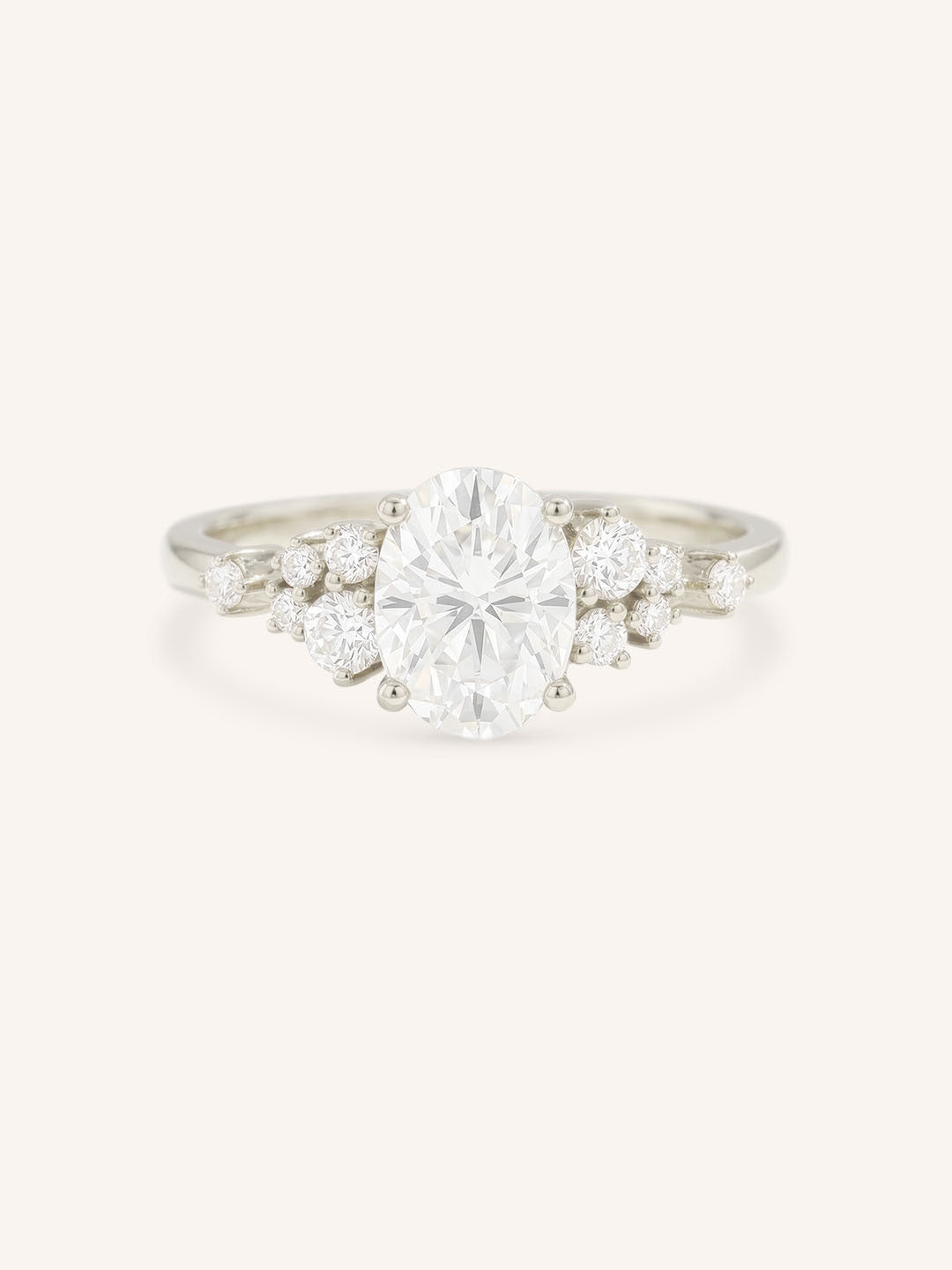 White Gold Elestren Oval Cluster Diamond Engagement Ring front view on white background