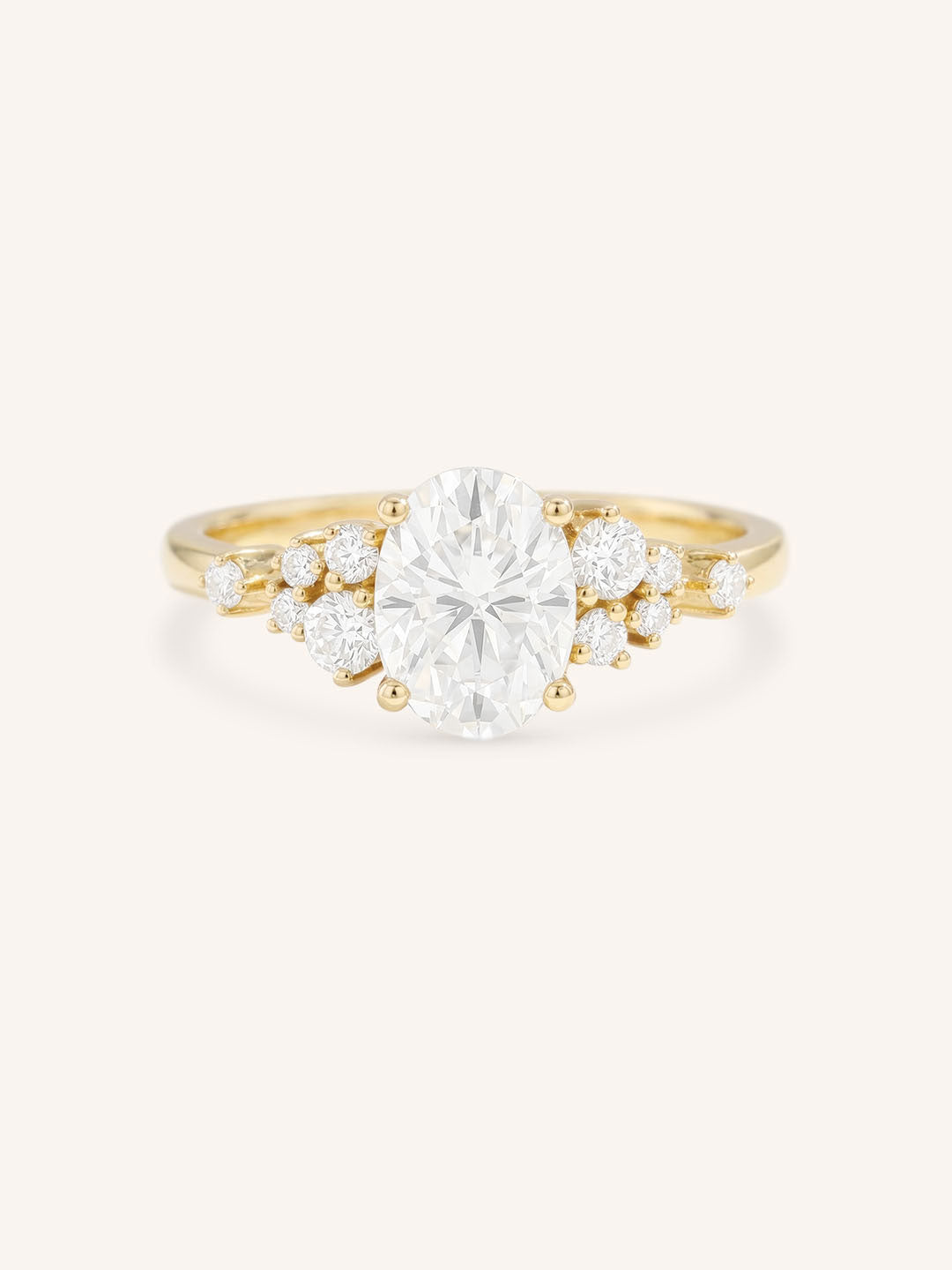 Yellow Gold Elestren Oval Cluster Diamond Engagement Ring front view on white background