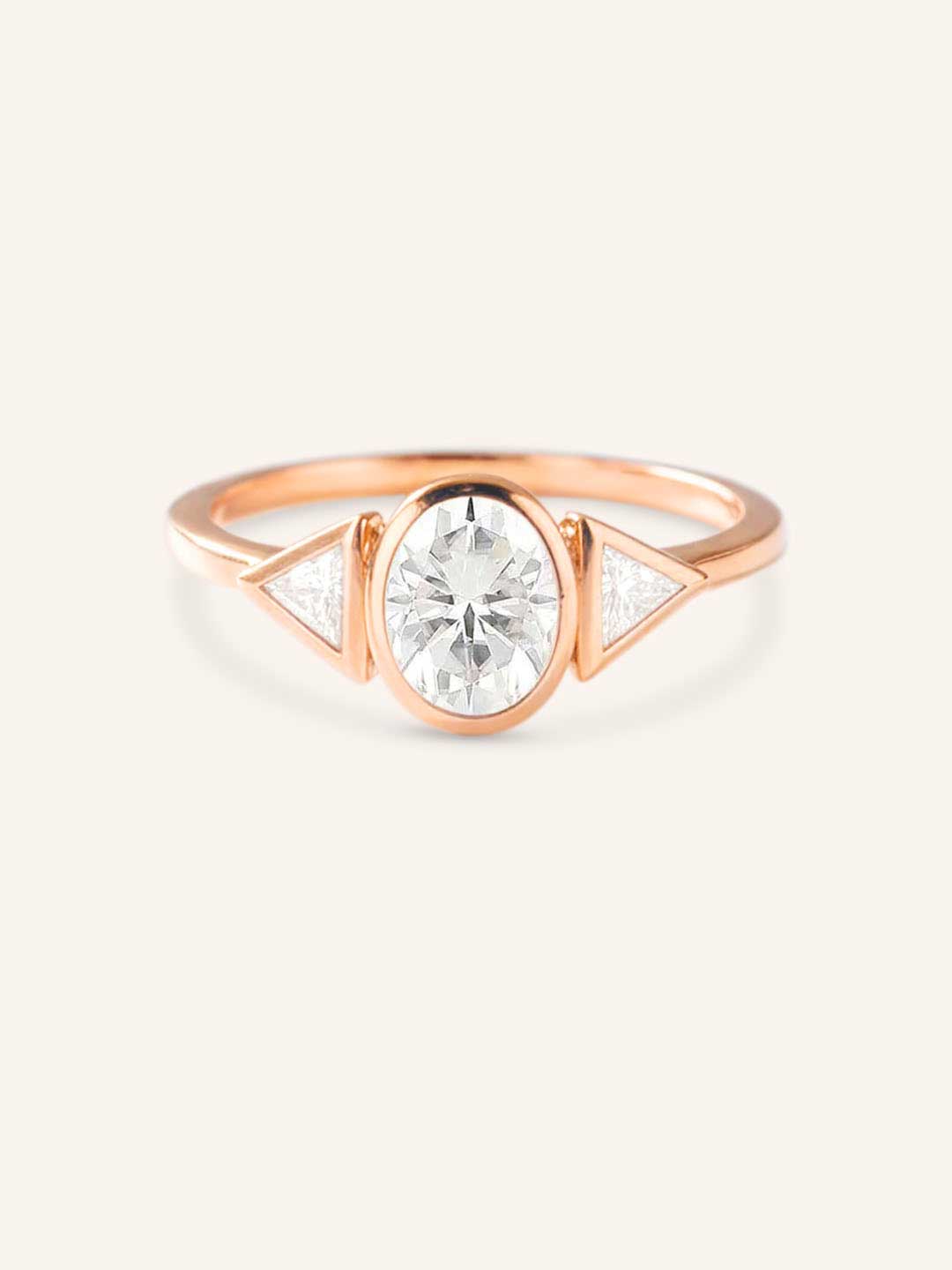 Caldwell Three Stone Bezel Oval and Triangle Diamond Engagement Ring