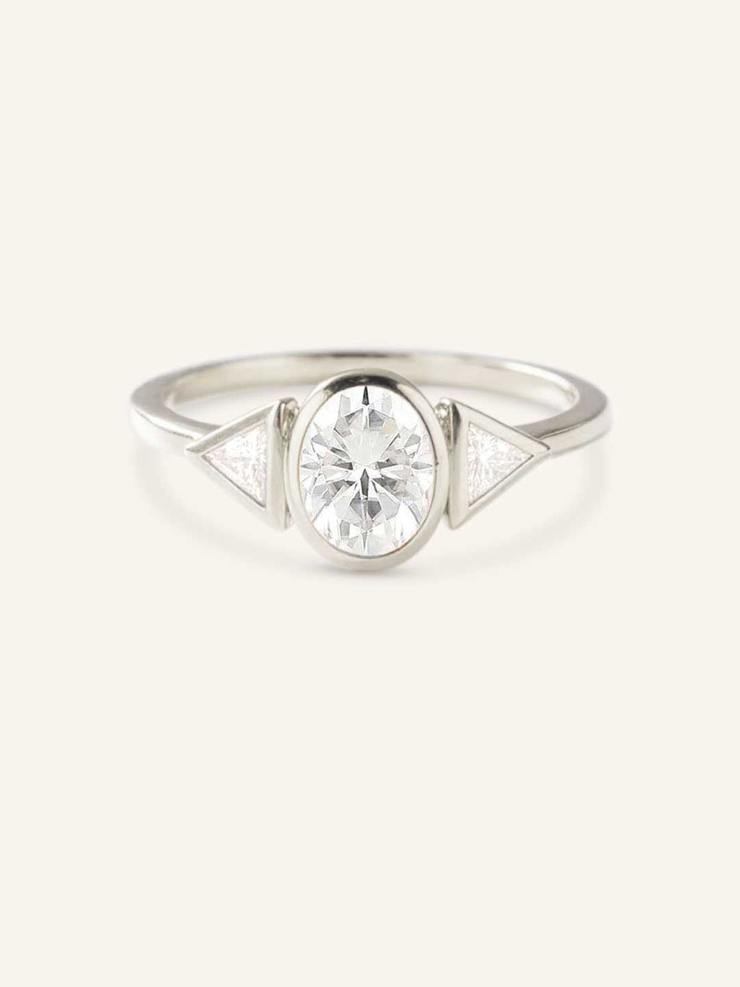 Caldwell Three Stone Bezel Oval and Triangle Diamond Engagement Ring