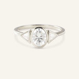 Caldwell Three Stone Bezel Oval and Triangle Diamond Engagement Ring
