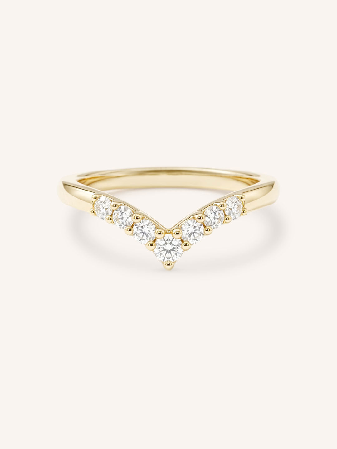 Yellow Gold Sundown Graduated V Diamond Wedding Ring, front view, on white background