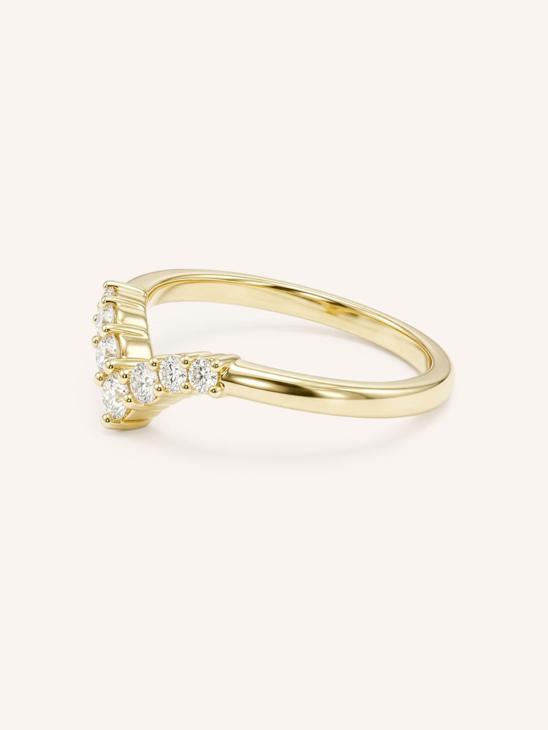 Yellow Gold Sundown Graduated V Diamond Wedding Ring, side view, on white background