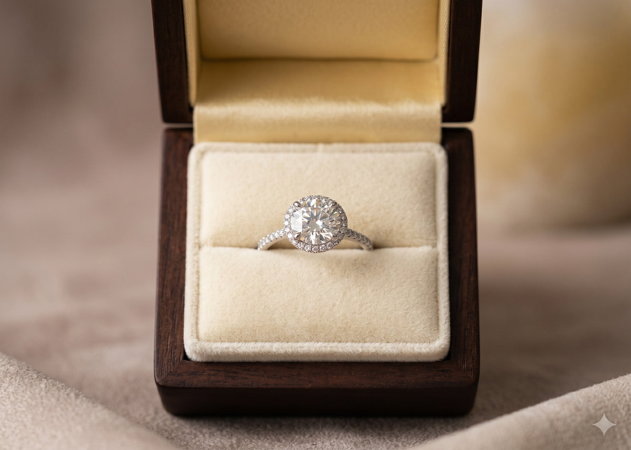 Closeup of a diamond halo engagement ring displayed in a wooden jewelry box with cream interior