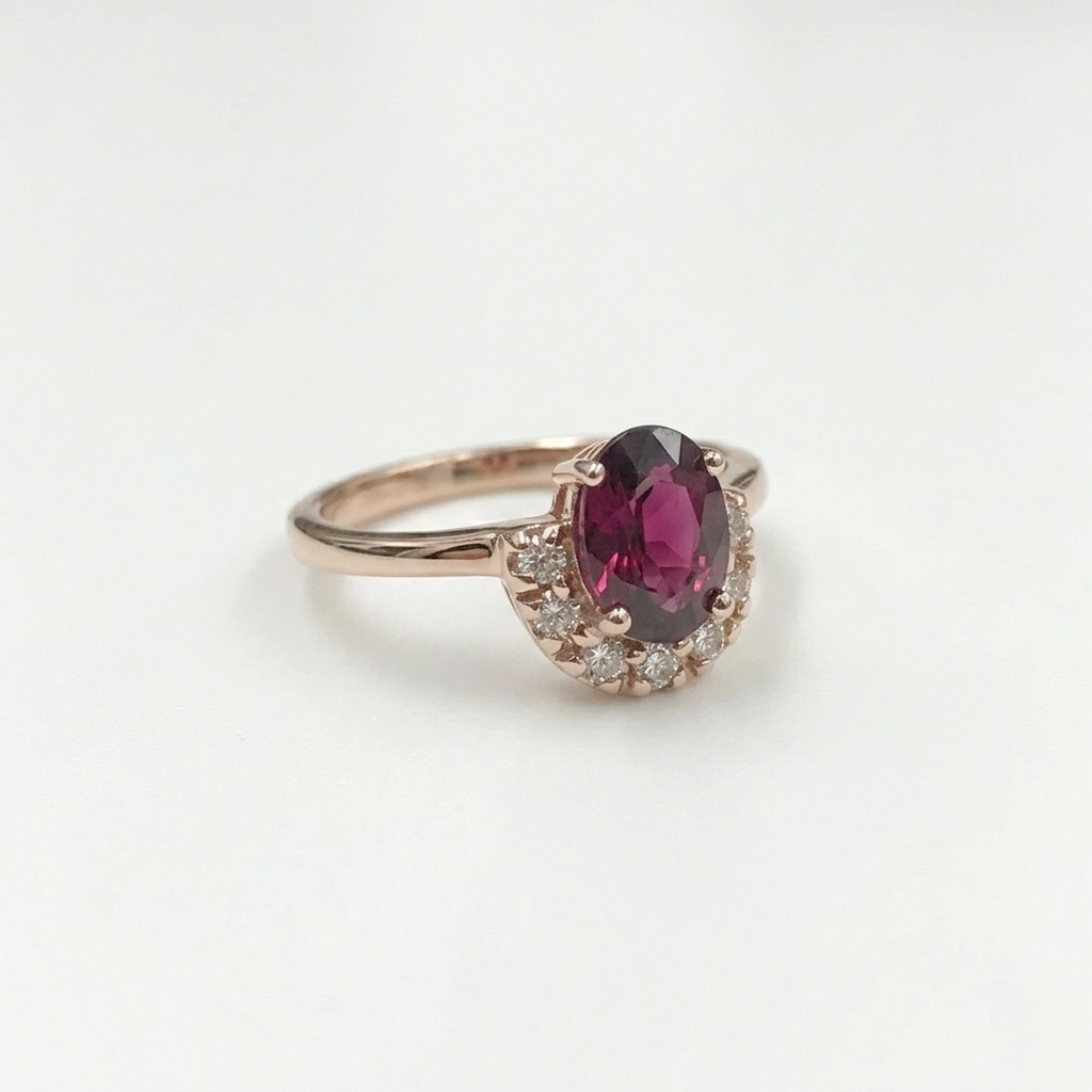 Oval red garnet diamond halo ring on white background