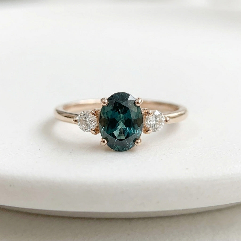 Oval teal diamond three stone engagement ring on white background