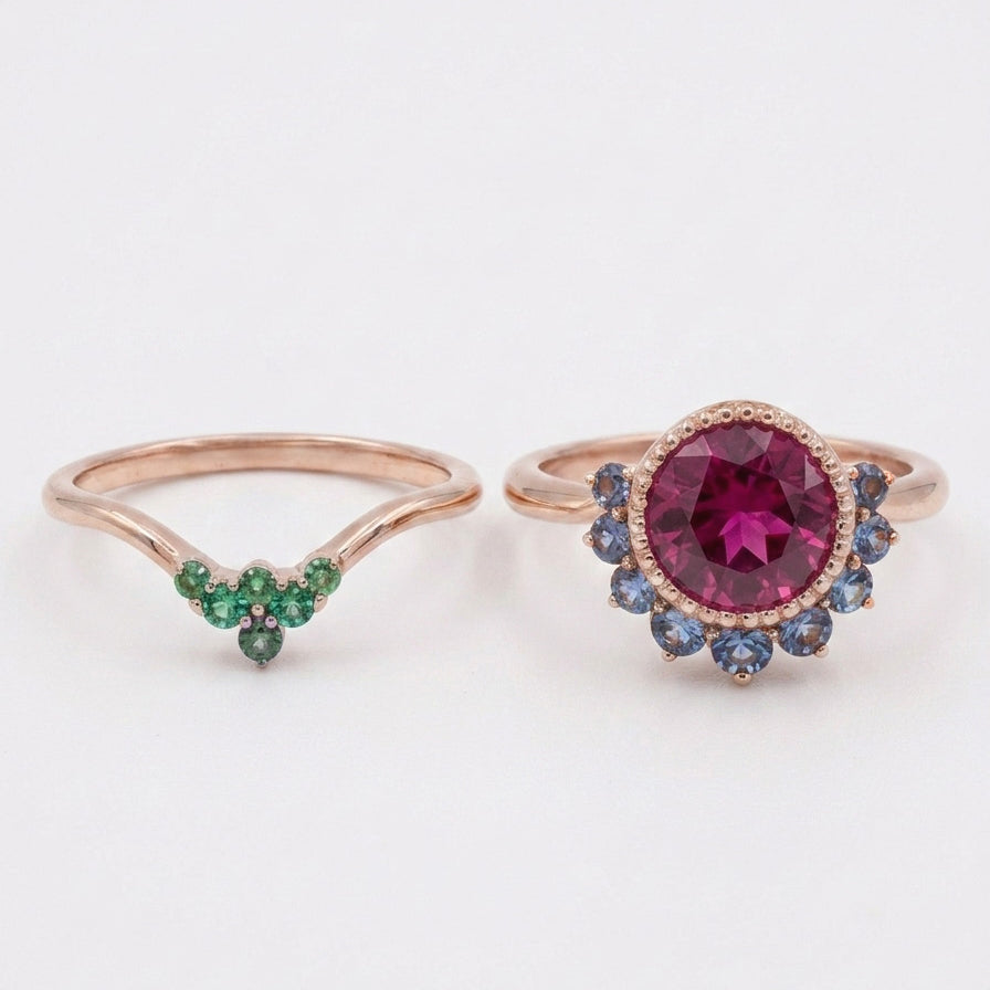 Rhodolite garnet emerald chevron band ring on white background