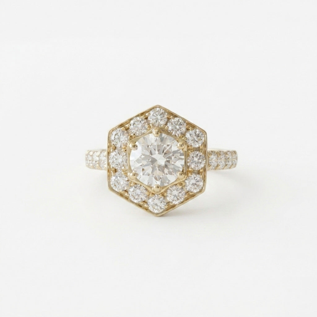 Round diamond hexagonal halo ring on white background