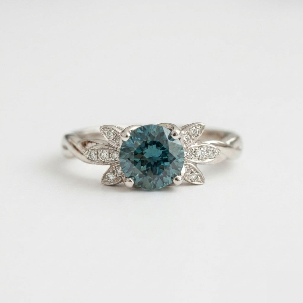 Teal sapphire diamonRose gold Zamora curved diamond anniversary band front view on white backgroundd leaf ring on white background