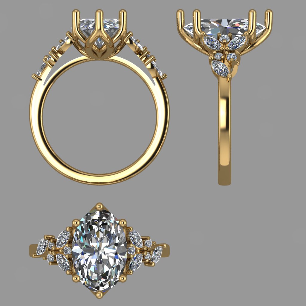 Gold rings with diamond stones on a gray background. CAD Rendering sample