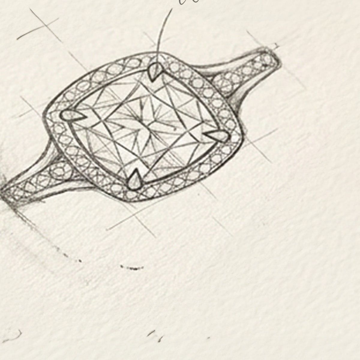 Detailed pencil sketch of a diamond ring with 'claw prongs' on a grid background